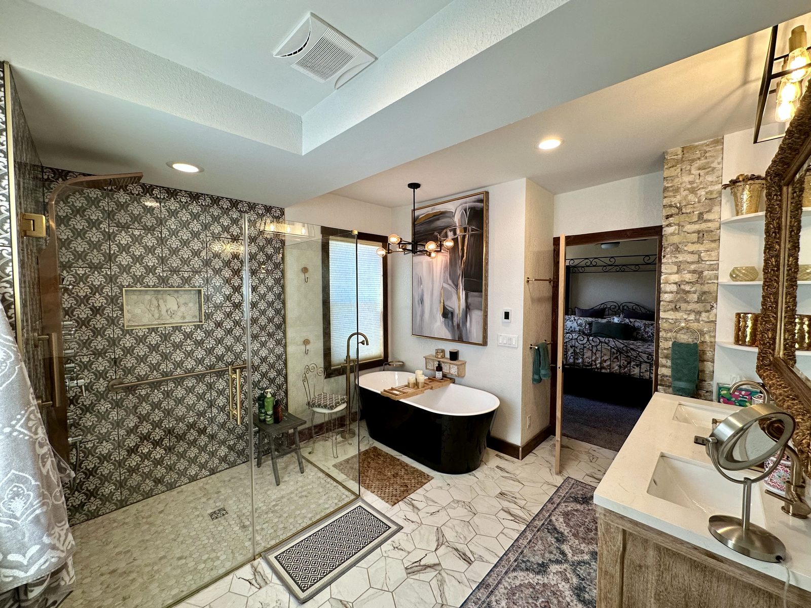Spa bathroom with walk-in shower and soaking tub